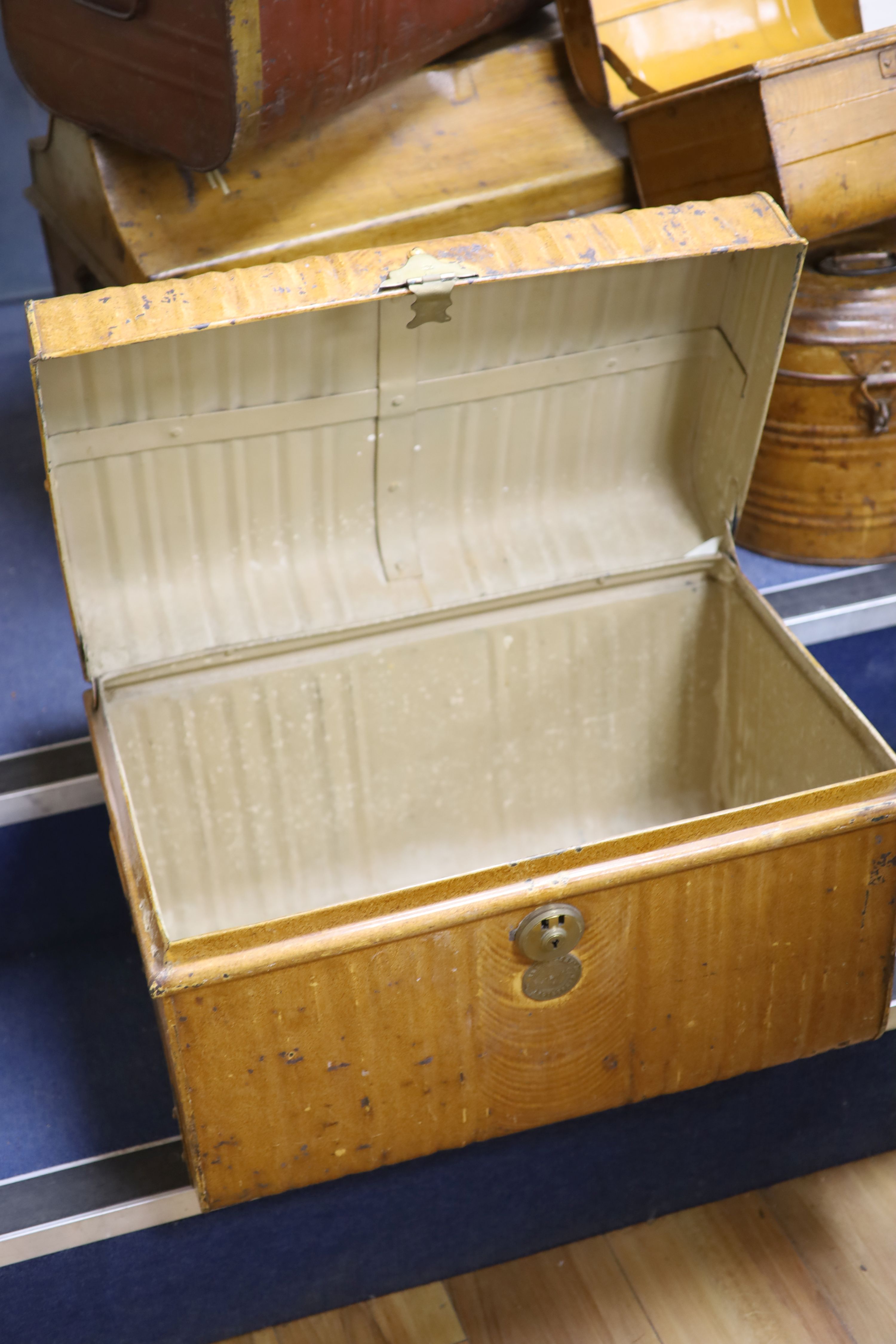 Five Victorian painted tin trunks/hat boxes